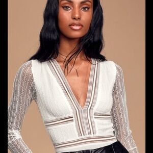 Lulus Casita White Sheer Lace Long Sleeve Bodysuit